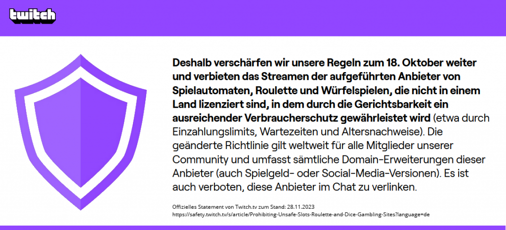 Auszug aus Einschränkung von Glücksspiel auf Twitch.tv